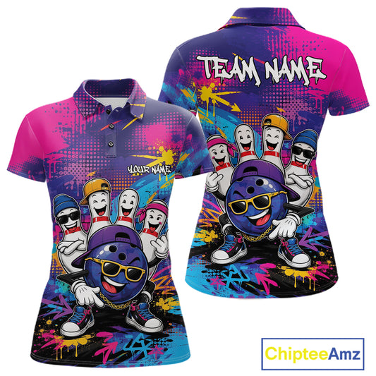Front and back views of a womens short-sleeve polo shirt featuring a colorful cartoon bowling-themed graphic with the text 'TEAM NAME' on the back and 'YOUR NAME' on the front. The shirt has a purple, pink, and blue gradient design with graffiti-style splatters and cartoon bowling characters wearing bowling helmets and sunglasses.