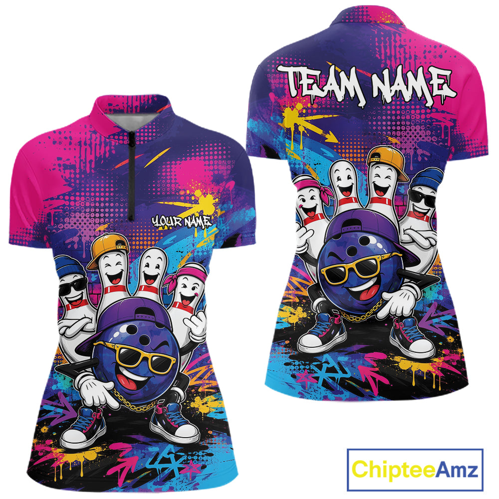 Custom Funny Colorful Hiphop Bowling Women Quarter-Zip Shirt, Graffity Bowling Jerseys IPHW11801