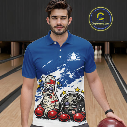 Male model in a bowling lane wearing a blue and white polo shirt, humorous boxing bowling ball and pin artwork with energetic cartoon fight-style visuals.