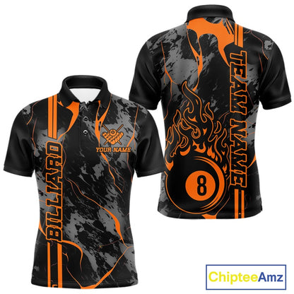 Men’s Billiard polo shirt mockup shown front and back with flaming billiard 8 ball artwork on a blue and green abstract background.