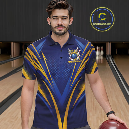 Custom Blue And Gold Crowned Bowling Ball Bowling King Bowling Team Men Polo Shirt IPHW11810