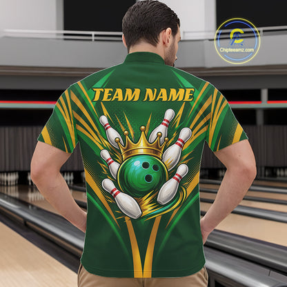 Custom Green And Gold Crowned Bowling Ball Bowling King Bowling Team Men Quarter Zip Shirt IPHW11811
