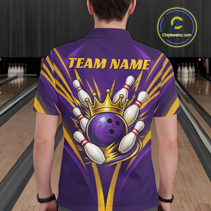 Custom Purple And Gold Crowned Bowling Ball Bowling King Bowling Team Men Polo Shirt IPHW11812
