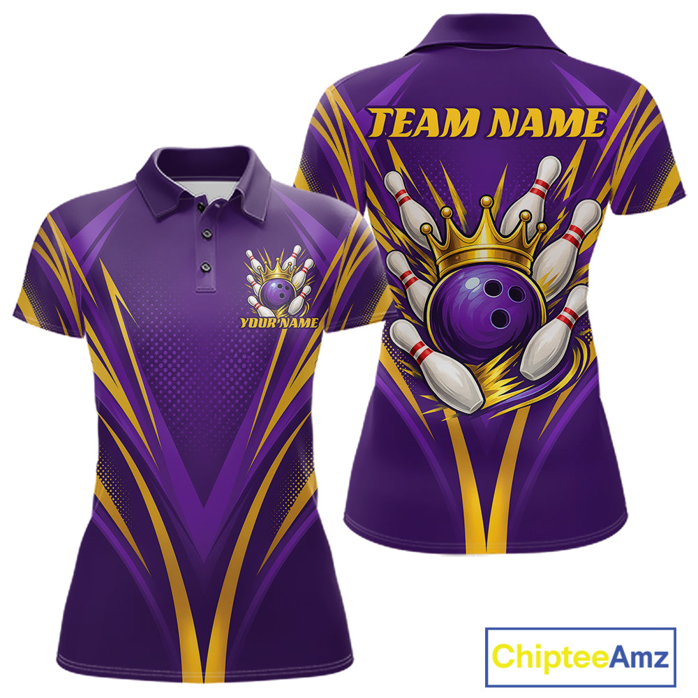 Custom Purple And Gold Crowned Bowling Ball Bowling Queen Bowling Team Women Polo Shirt IPHW11812