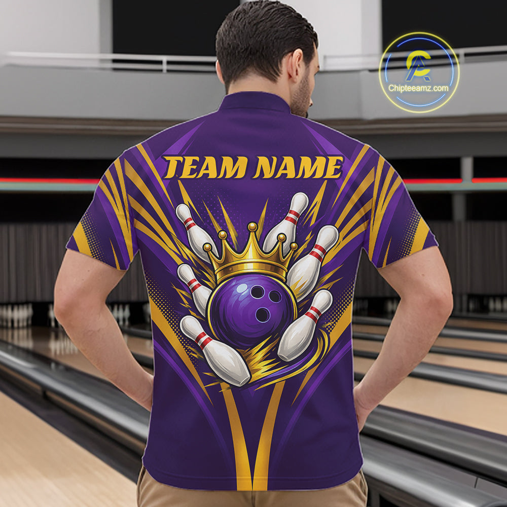 Custom Purple And Gold Crowned Bowling Ball Bowling King Bowling Team Men Quarter Zip Shirt IPHW11812