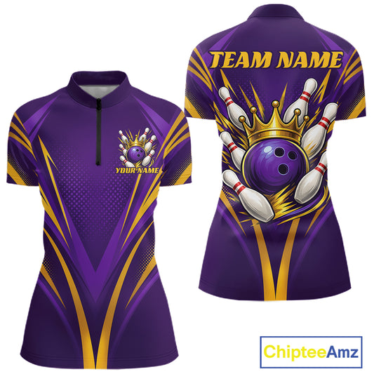 Front and back views of a purple and gold bowling-themed short-sleeve polo shirt with a quarter zip collar, custom graphic design featuring a bowling ball and pins under a crown, and 'TEAM NAME' printed on the back.