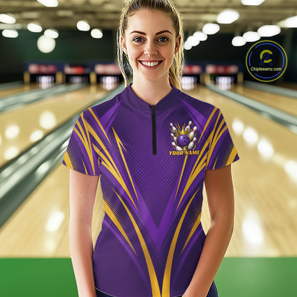 Custom Purple And Gold Crowned Bowling Ball Bowling Queen Team Women Quarter-Zip Shirt IPHW11812