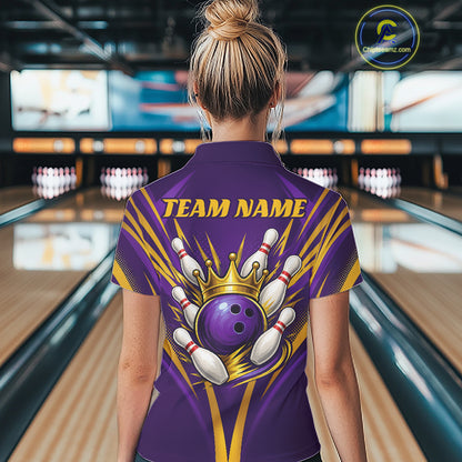 Custom Purple And Gold Crowned Bowling Ball Bowling Queen Team Women Quarter-Zip Shirt IPHW11812