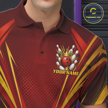 Custom Red And Gold Crowned Bowling Ball Bowling King Bowling Team Men Polo Shirt IPHW11813