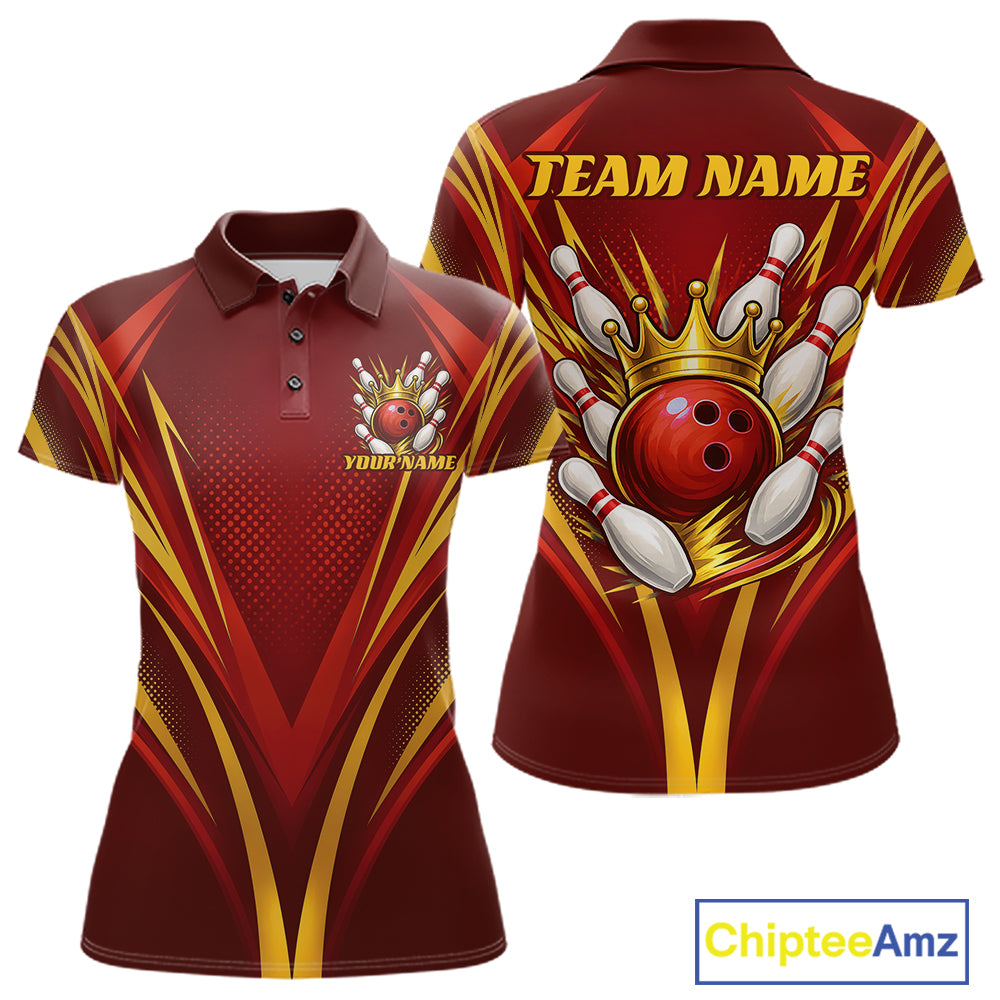 Custom Red And Gold Crowned Bowling Ball Bowling Queen Bowling Team Women Polo Shirt IPHW11813