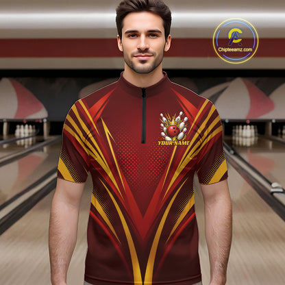 Custom Red And Gold Crowned Bowling Ball Bowling King Bowling Team Men Quarter Zip Shirt IPHW11813