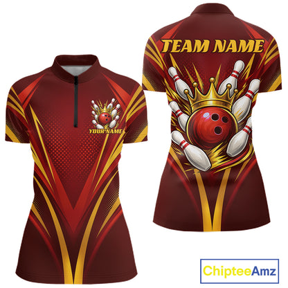Custom Red And Gold Crowned Bowling Ball Bowling Queen Team Women Quarter-Zip Shirt IPHW11813