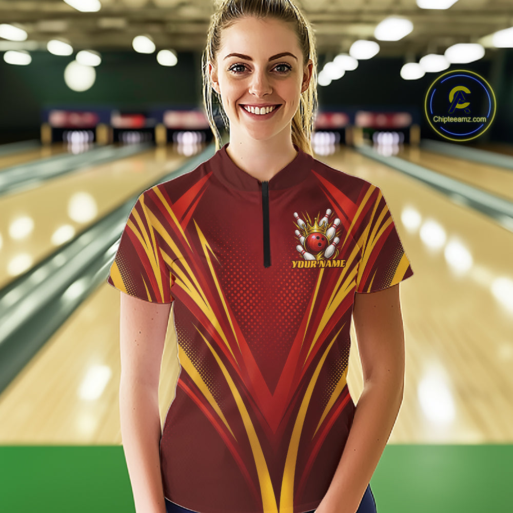 Custom Red And Gold Crowned Bowling Ball Bowling Queen Team Women Quarter-Zip Shirt IPHW11813