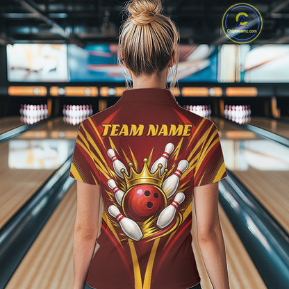 Custom Red And Gold Crowned Bowling Ball Bowling Queen Team Women Quarter-Zip Shirt IPHW11813