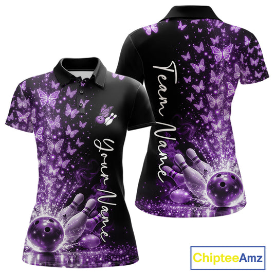 Custom Purple Butterfly Women Bowling Polo Shirt, Bowling League Shirt IPHW10905