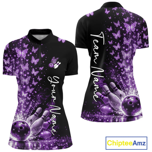 Custom Purple Butterfly Women Bowling Quarter-Zip Shirt, Bowling League Shirt IPHW10905