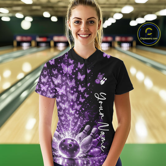 Custom Purple Butterfly Women Bowling Quarter-Zip Shirt, Bowling League Shirt IPHW10905