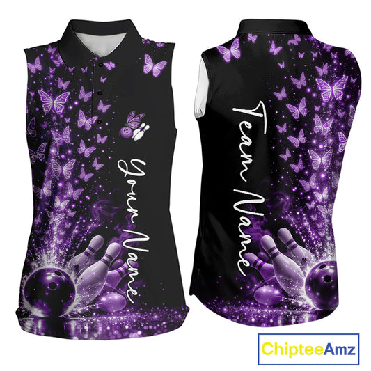 Custom Purple Butterfly Women Bowling Sleeveless Polo Shirt, Bowling League Shirt IPHW10905