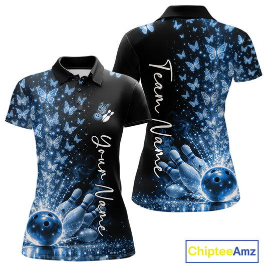 Custom Blue Butterfly Women Bowling Polo Shirt, Bowling League Shirt IPHW10906