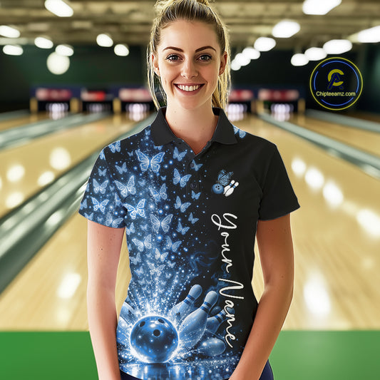 Custom Blue Butterfly Women Bowling Polo Shirt, Bowling League Shirt IPHW10906