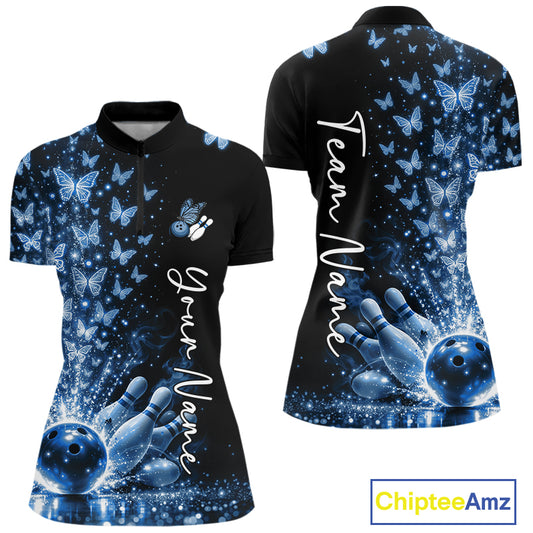 Custom Blue Butterfly Women Bowling Quarter-Zip Shirt, Bowling League Shirt IPHW10906