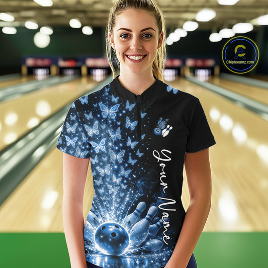 Custom Blue Butterfly Women Bowling Quarter-Zip Shirt, Bowling League Shirt IPHW10906