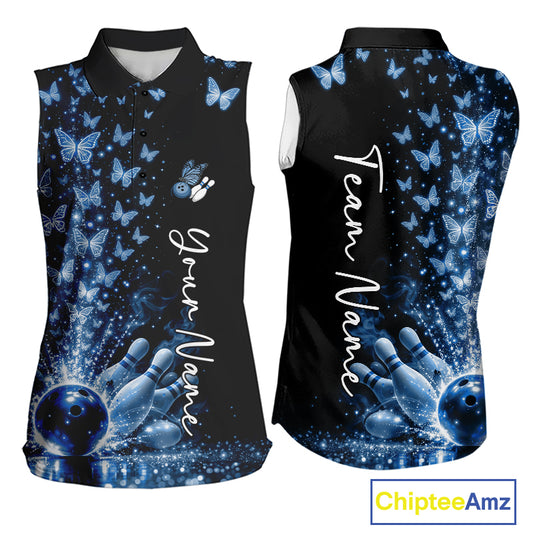Custom Blue Butterfly Women Bowling Sleeveless Polo Shirt, Bowling League Shirt IPHW10906
