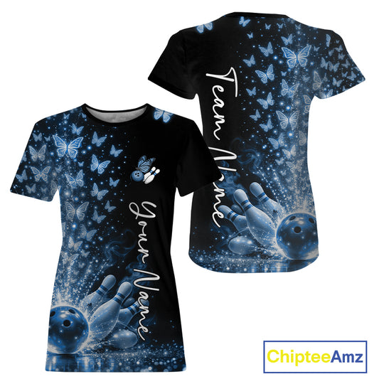 Custom Blue Butterfly Women Bowling T-Shirts, Bowling League IPHW10906