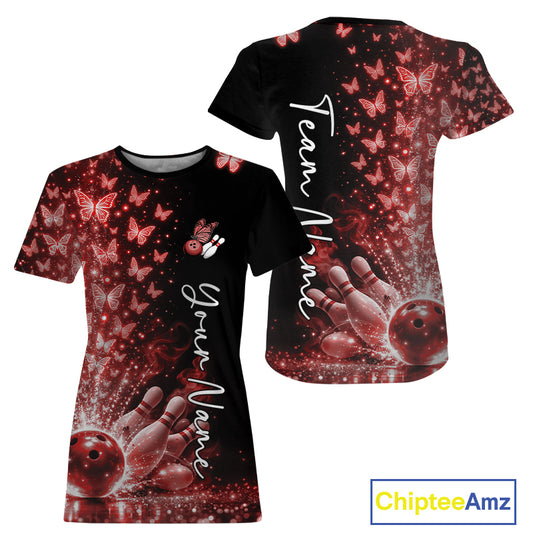 Custom Red Butterfly Women Bowling T-Shirts, Bowling League IPHW10907