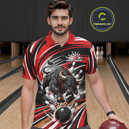 Custom Black And Red Angry Bull Bowling Jerseys, Bowling Team League Men Polo Shirt IPHW11818