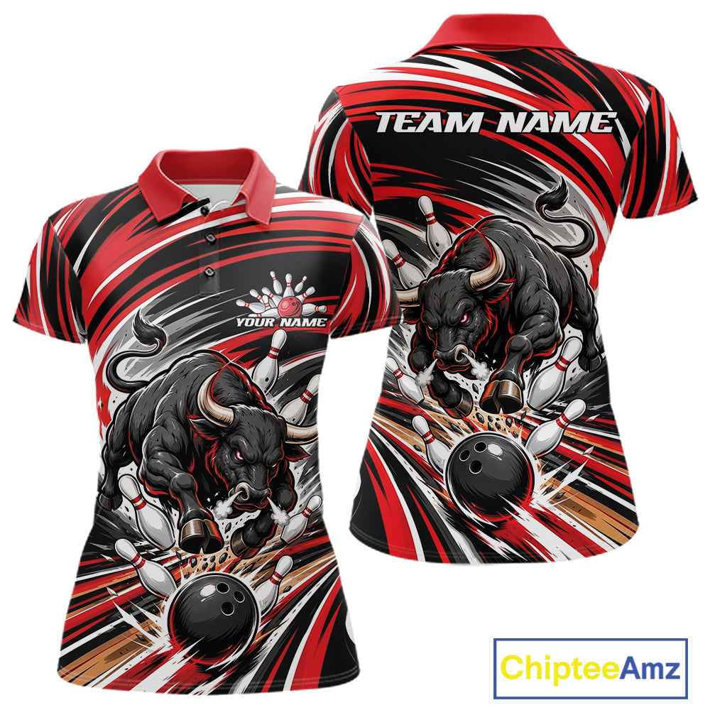 Custom Black And Red Angry Bull Bowling Jerseys, Bowling Team League Women Polo Shirt IPHW11818