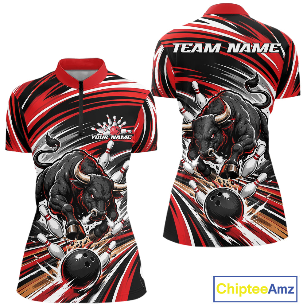 Custom Black And Red Angry Bull Bowling Jerseys, Bowling Team Women Quarter-Zip Shirt IPHW11818