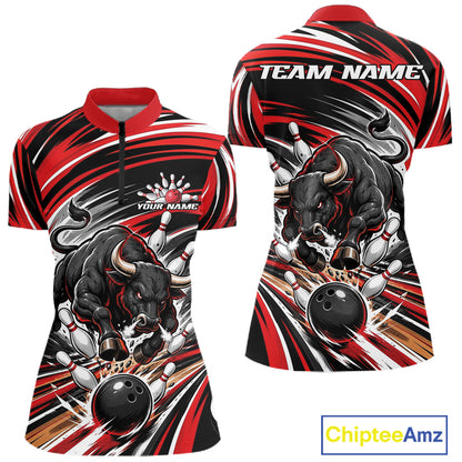 Custom Black And Red Angry Bull Bowling Jerseys, Bowling Team Women Quarter-Zip Shirt IPHW11818
