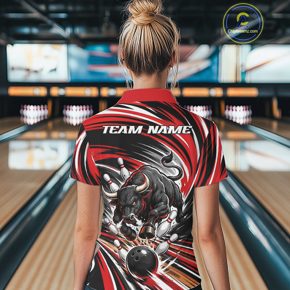 Custom Black And Red Angry Bull Bowling Jerseys, Bowling Team Women Quarter-Zip Shirt IPHW11818