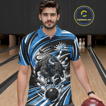 Custom Black And Blue Angry Bull Bowling Jerseys, Bowling Team League Men Polo Shirt IPHW11819