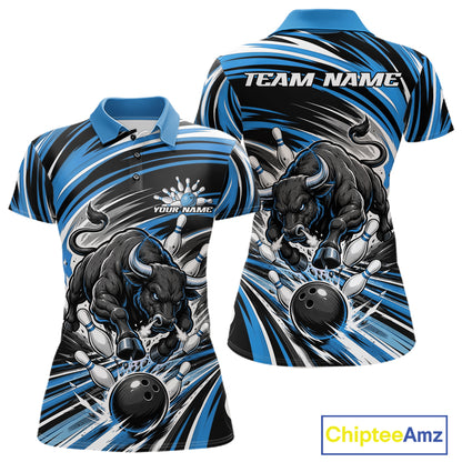 Custom Black And Blue Angry Bull Bowling Jerseys, Bowling Team League Women Polo Shirt IPHW11819