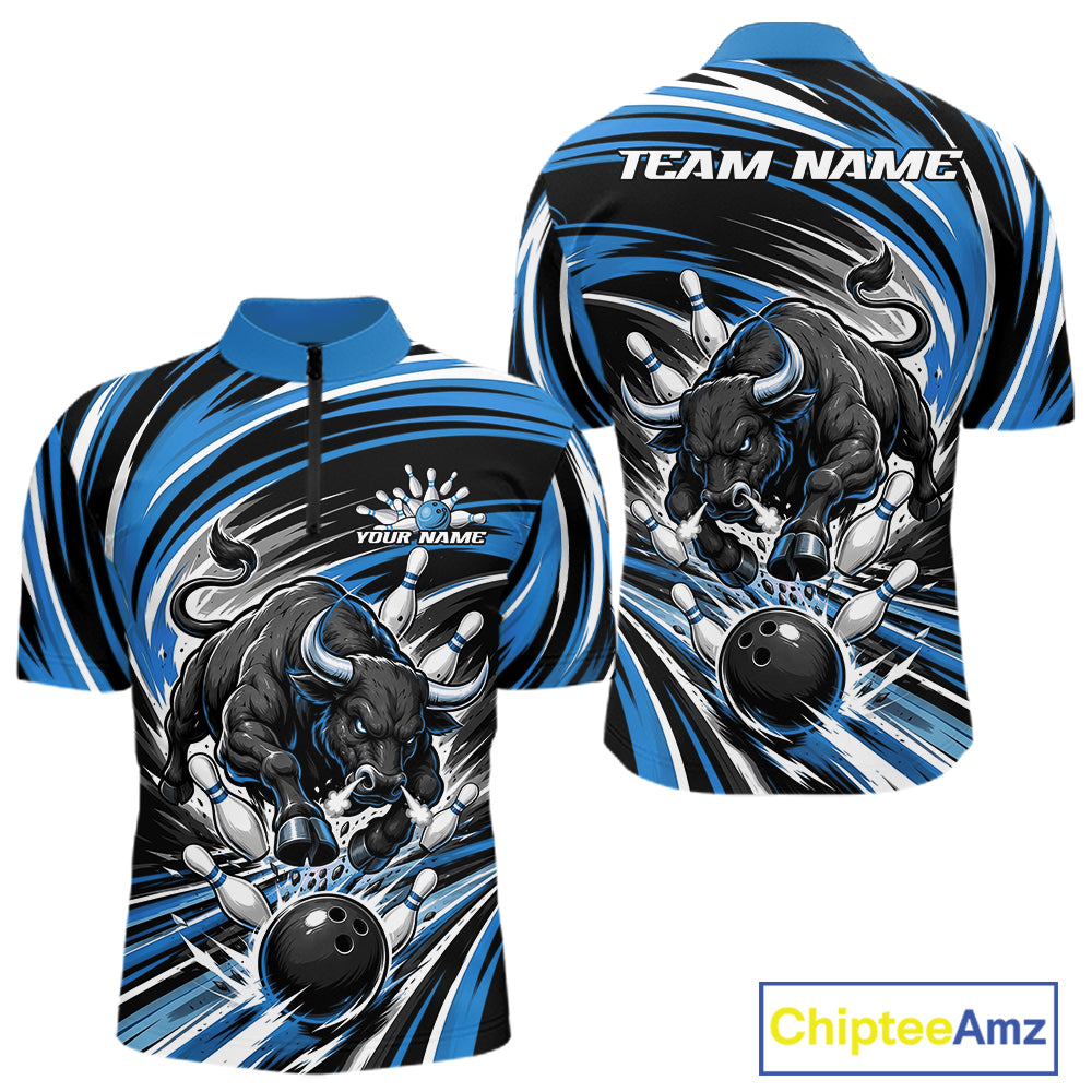 Custom Black And Blue Angry Bull Bowling Jerseys, Bowling Team League Men Quarter Zip Shirt IPHW11819