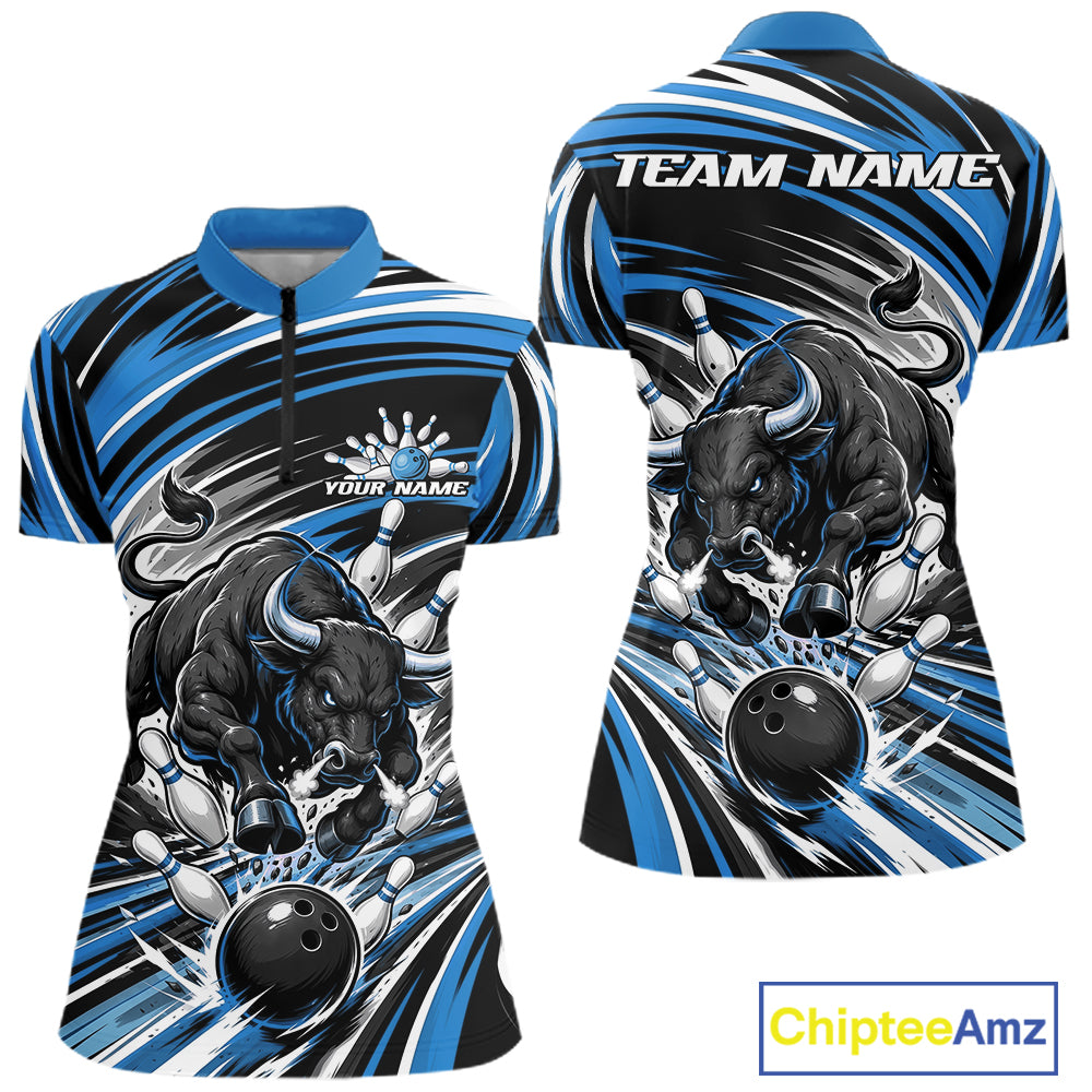 Custom Black And Blue Angry Bull Bowling Jerseys, Bowling Team Women Quarter-Zip Shirt IPHW11819