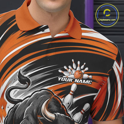 Custom Black And Orange Angry Bull Bowling Jerseys, Bowling Team League Men Polo Shirt IPHW11820