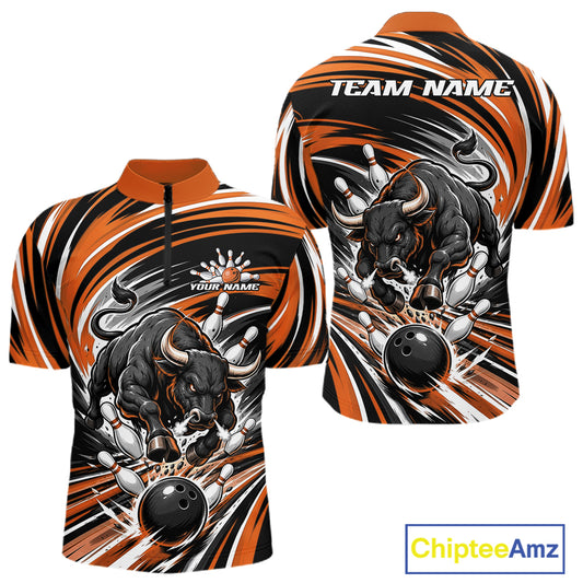 Front and back views of a short-sleeve bowling-themed quarter zip shirt with a black, orange, and white bull graphic chasing a bowling ball and pins