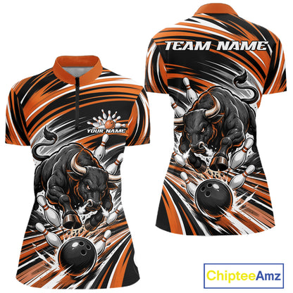 Custom Black And Orange Angry Bull Bowling Jerseys, Bowling Team Women Quarter-Zip Shirt IPHW11820
