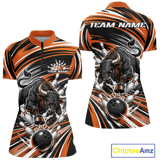Front and back views of a short-sleeve bowling-themed athletic shirt with a black, orange, and white graphic print featuring a bull and bowling pins, on a white background with a ChipteeAmz logo.