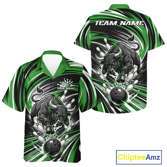 Custom bowling-themed short-sleeve button-up shirts shown from both front and back. The design features a black bull chasing bowling balls on a dynamic green, black, and white swirl background.