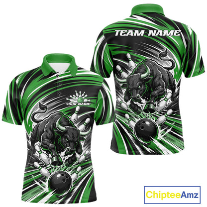 Custom Black And Green Angry Bull Bowling Jerseys, Bowling Team League Men Polo Shirt IPHW11821