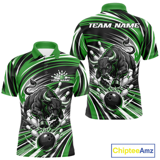 Custom short-sleeve polo shirt shown from the front and back, featuring a bold green, black, and white bull bowling graphic with customizable text placeholders 'TEAM NAME' and 'YOUR NAME'.
