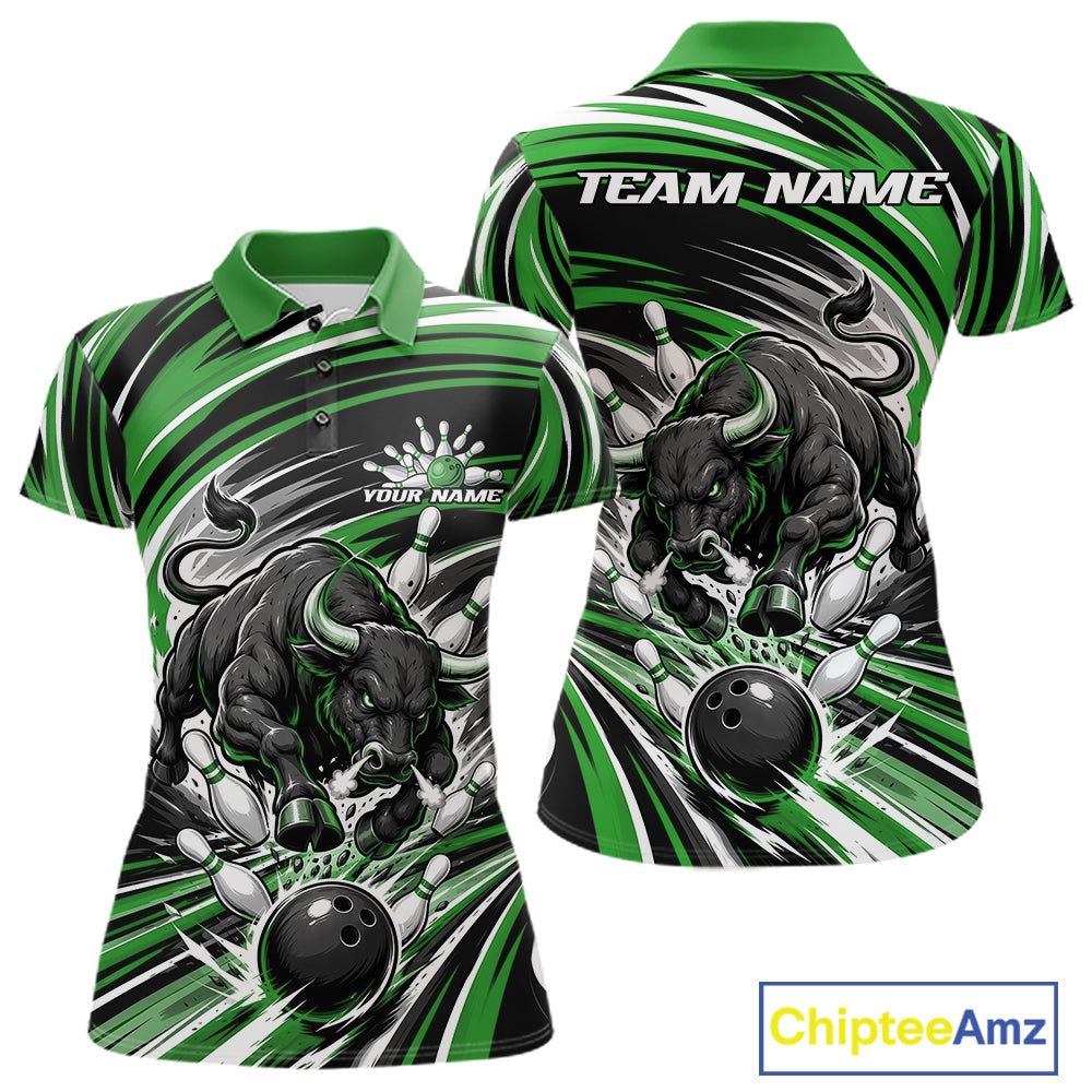 Custom Black And Green Angry Bull Bowling Jerseys, Bowling Team League Women Polo Shirt IPHW11821