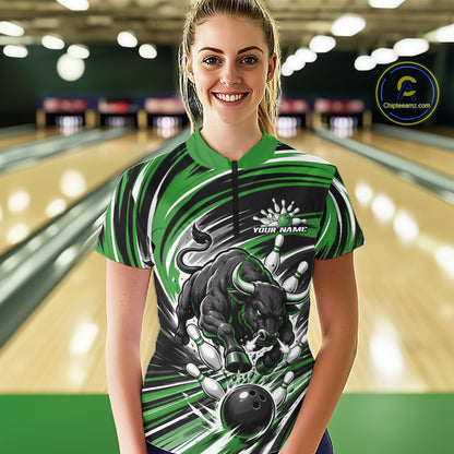 Custom Black And Green Angry Bull Bowling Jerseys, Bowling Team Women Quarter-Zip Shirt IPHW11821
