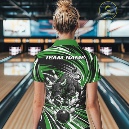Custom Black And Green Angry Bull Bowling Jerseys, Bowling Team Women Quarter-Zip Shirt IPHW11821