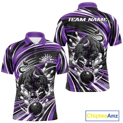 Custom Black And Purple Angry Bull Bowling Jerseys, Bowling Team League Men Polo Shirt IPHW11822