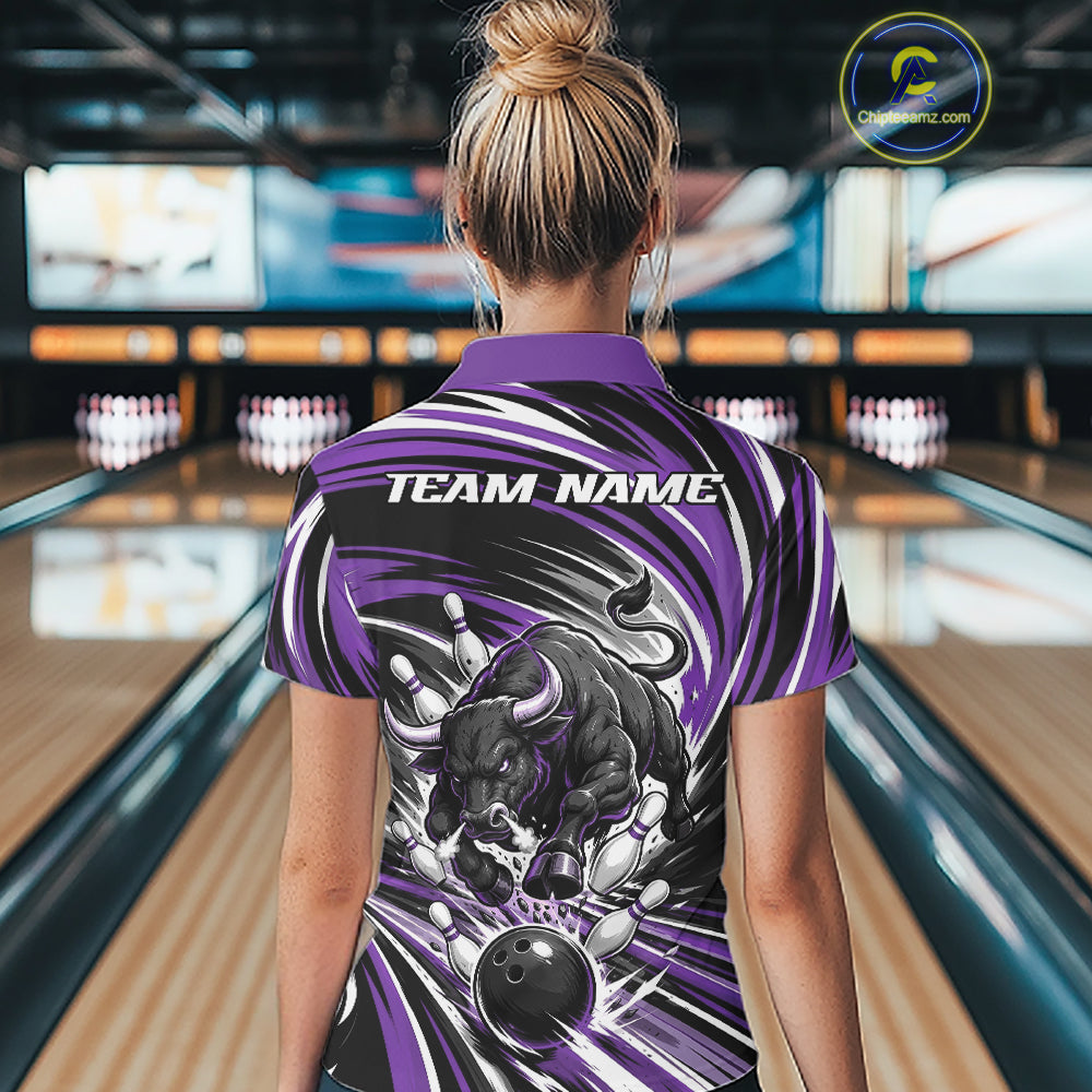 Custom Black And Purple Angry Bull Bowling Jerseys, Bowling Team League Women Polo Shirt IPHW11822
